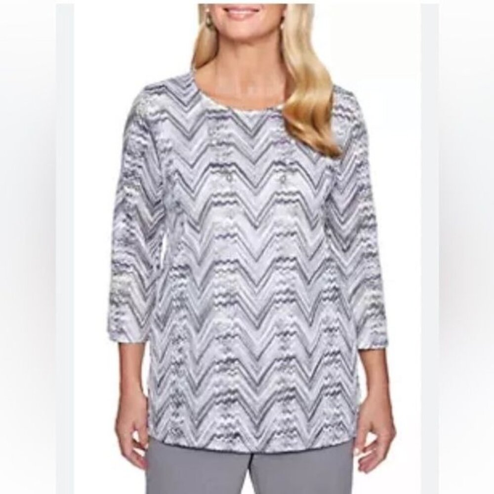 Alfred Dunner Womens Chevron Knit Top With 3/4 Sleeves Purple & Silver Size L So